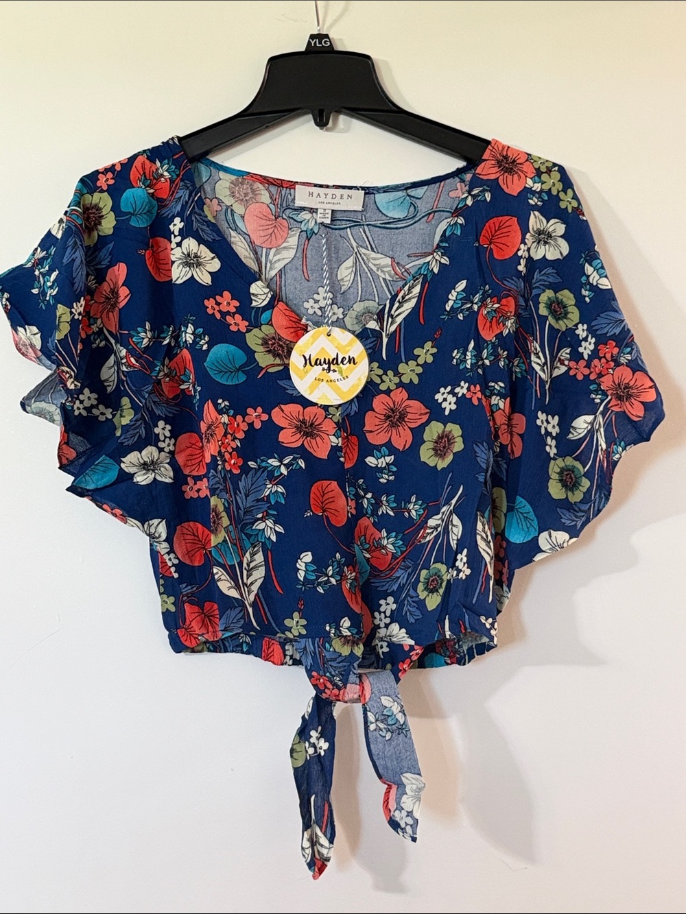 Hayden Navy Floral Tie-Front Crop Top